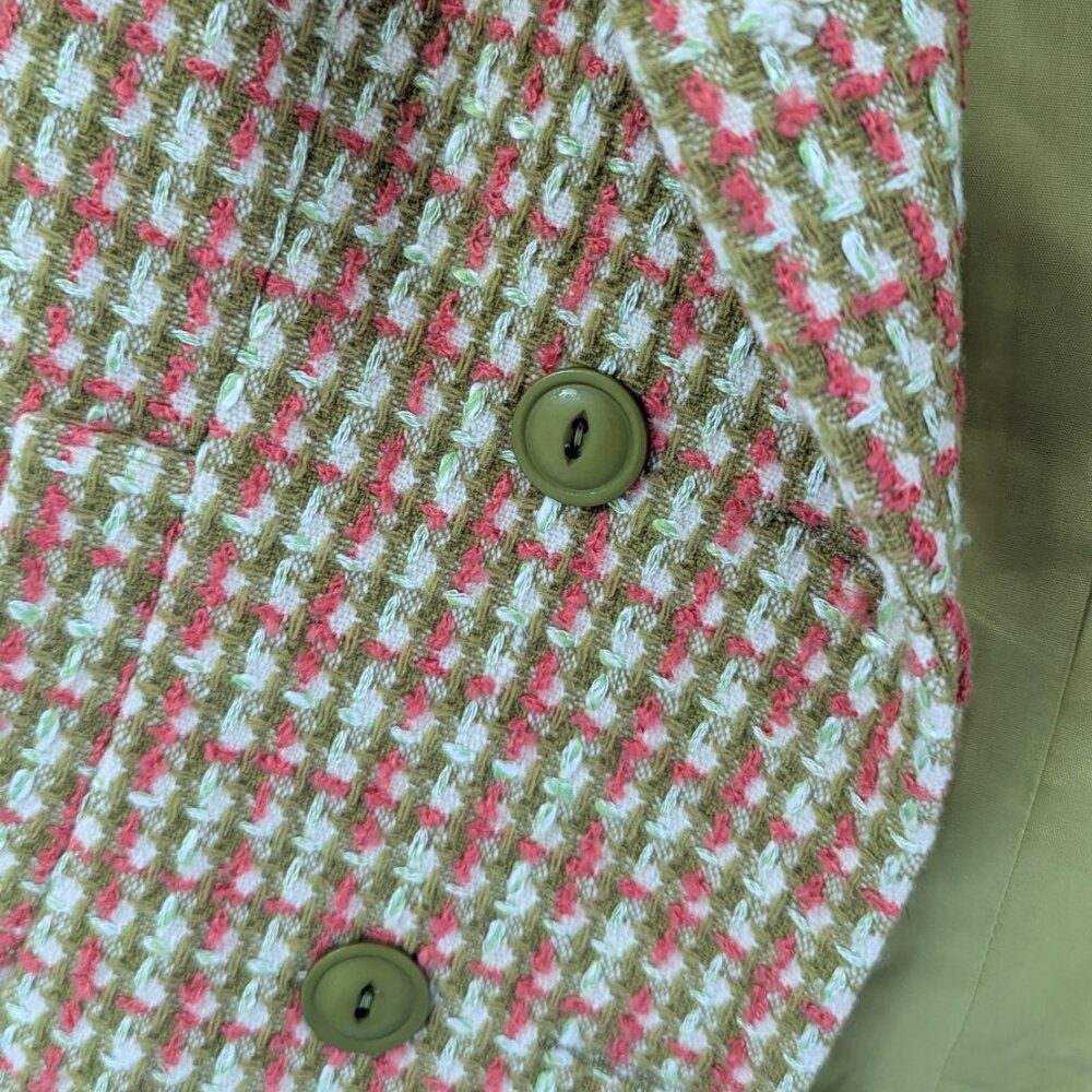 Betsy Johnson Size 2 Tweed Crop Wool Jacket Olive Green & Pink Vintage - Picture 6 of 7